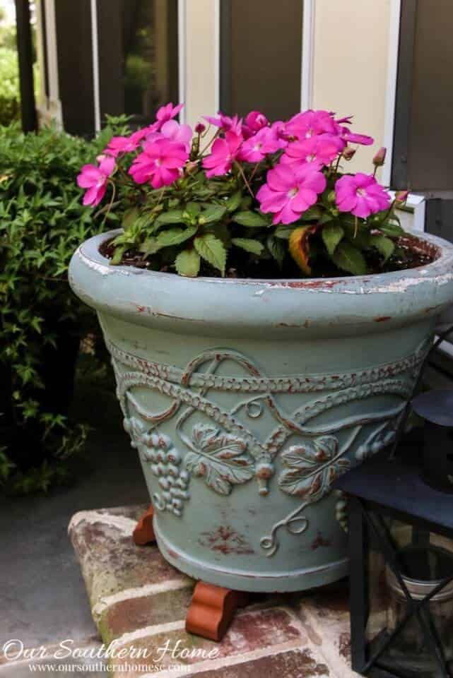 Chalk-Painted Rejuvenated Concrete Planter in Green