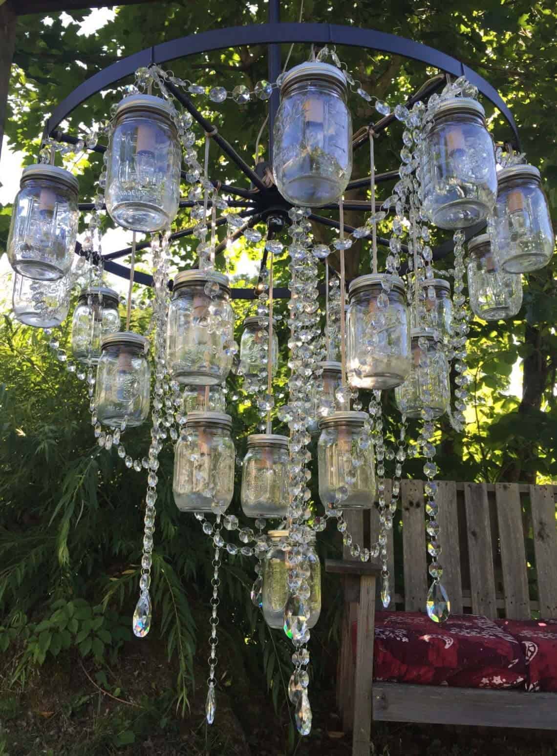 Wagon Wheel Mason Jar and Crystal Chandelier