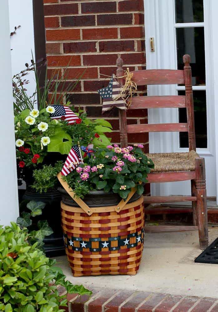 Patriotic Basket, Chair, and Flags Arrangement