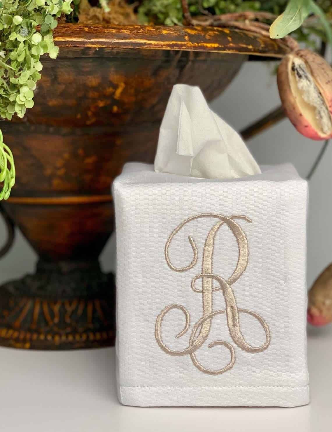 Embroidered Linen Tissue Box Cover