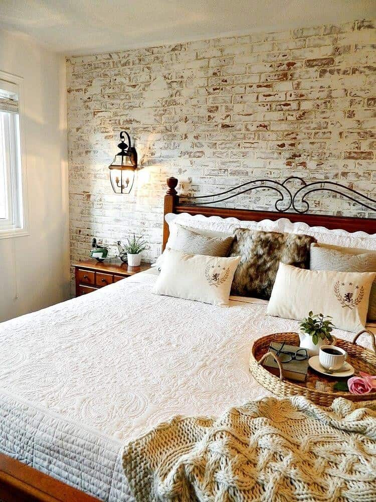 Exposed Faux Brick Bedroom Accent Wall Design Ideas