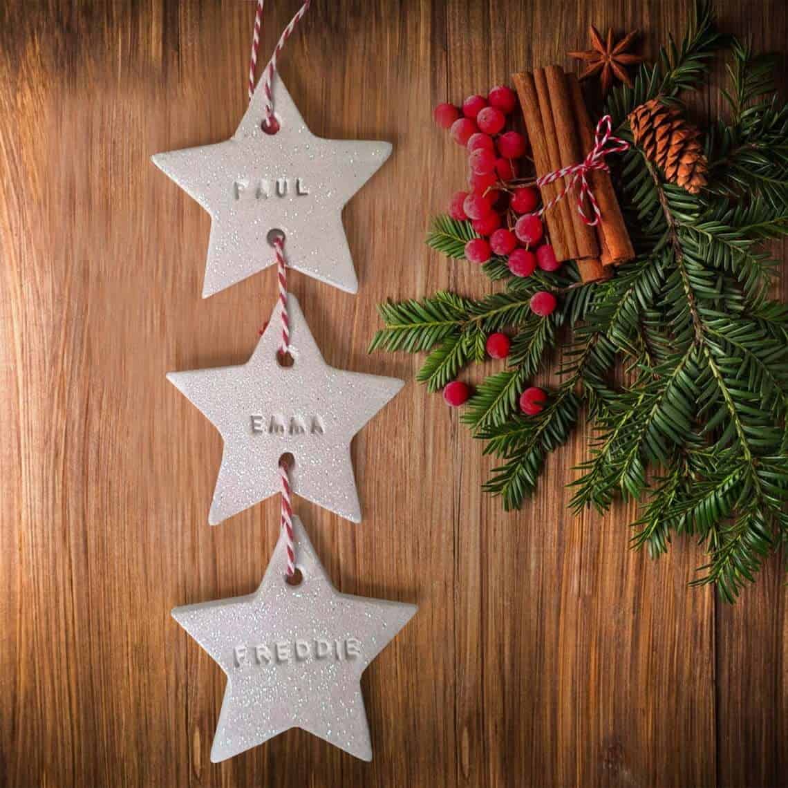 White Clay Stamped Strung Star Baubles