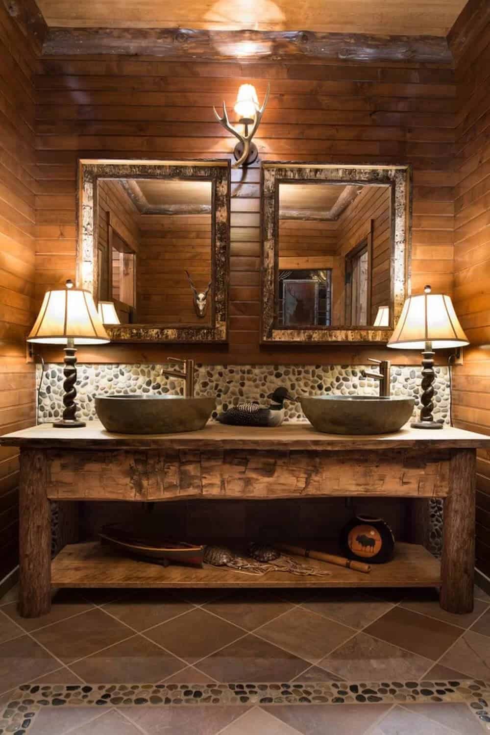 Dark Rustic Bathroom Table with Bowl Sinks