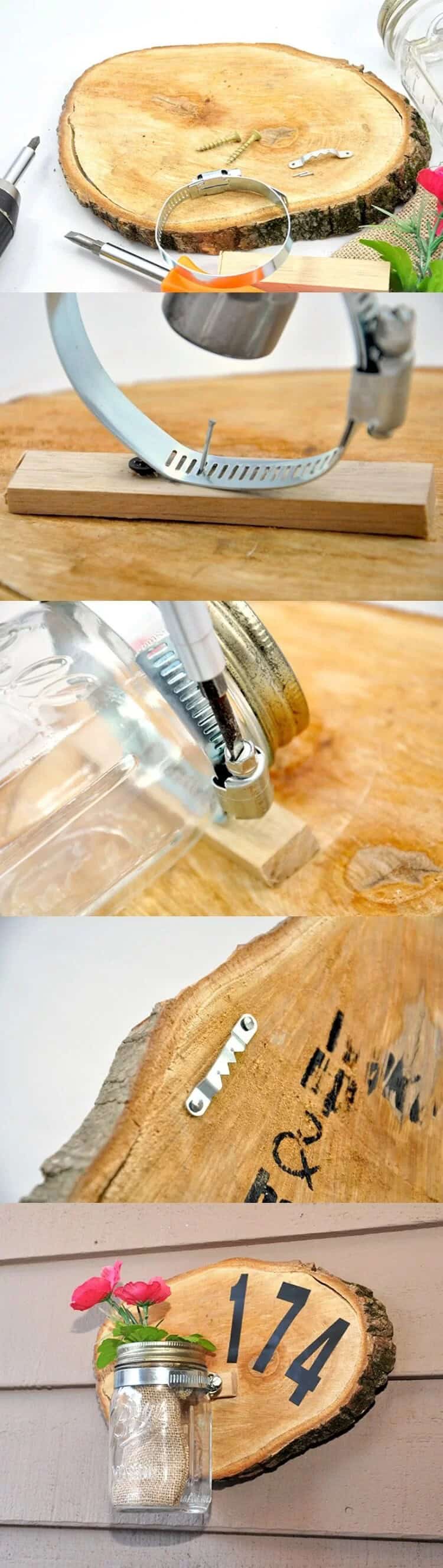 Mason Jar Planter on Log Cross Section