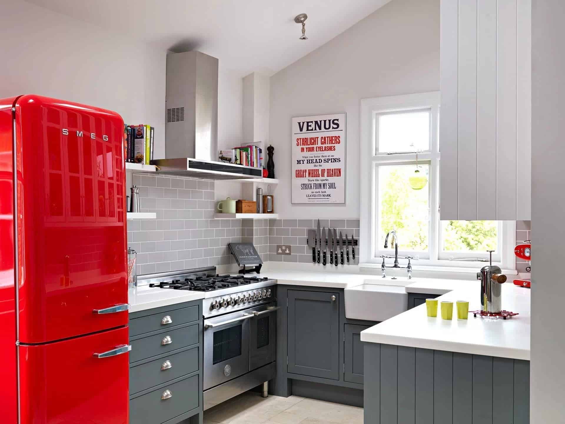 Small Kitchens where a Cherry Red Fridge Is The Focal Point