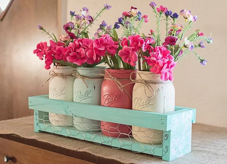 Multi-Colored Jars with Wooden Crate