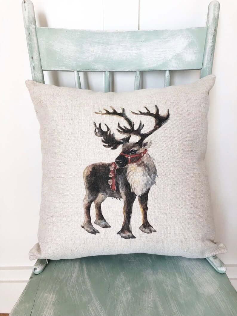 Painted Reindeer Friend Santa’s Helper Christmas Pillow