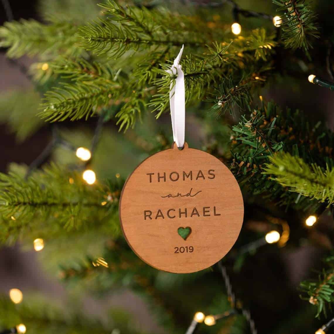 Engraved Wooden Couple’s Celebration Bauble