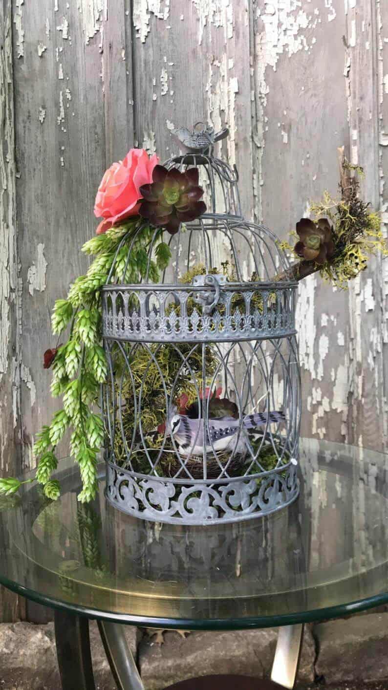 Gray Wire Bird Cage Holding Bird Nest Inside