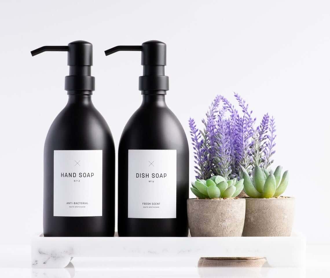 Matte Black Soap Dispensers with White Labels