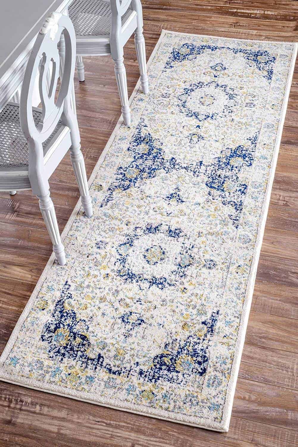 Distressed Persian-Style Blue and White Rug