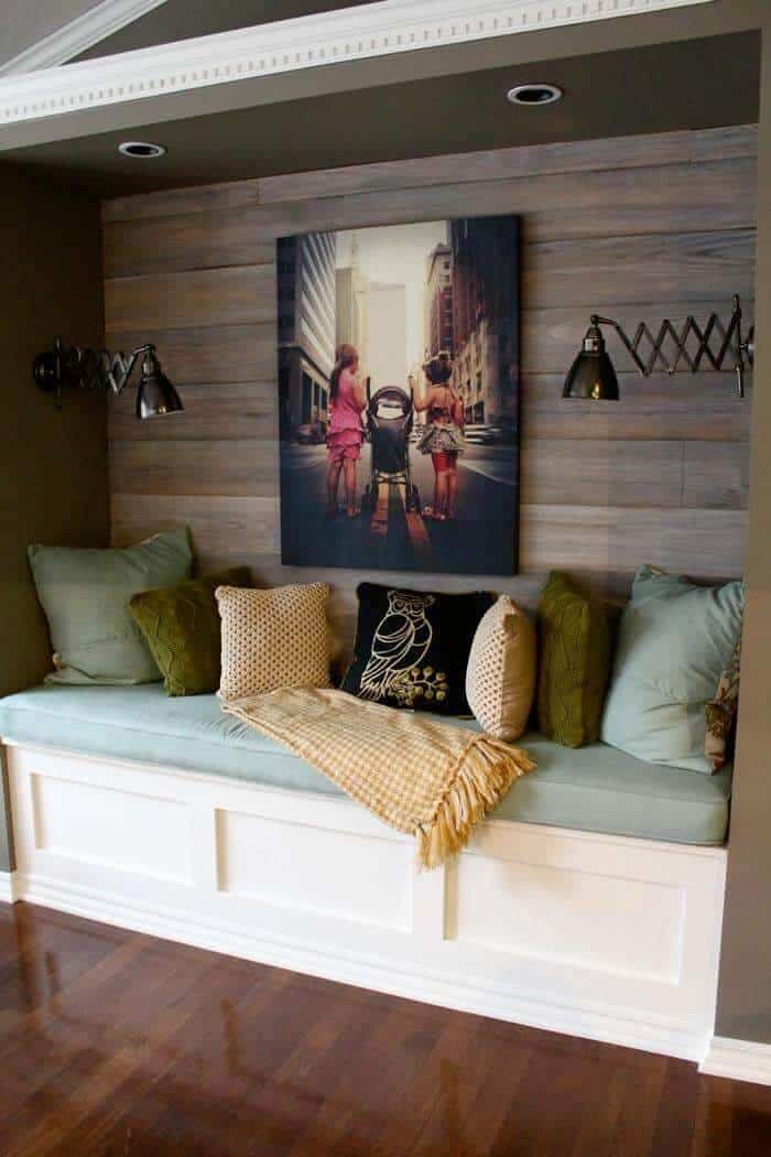 Cozy Reading Nook Dark Stained Wood Wall