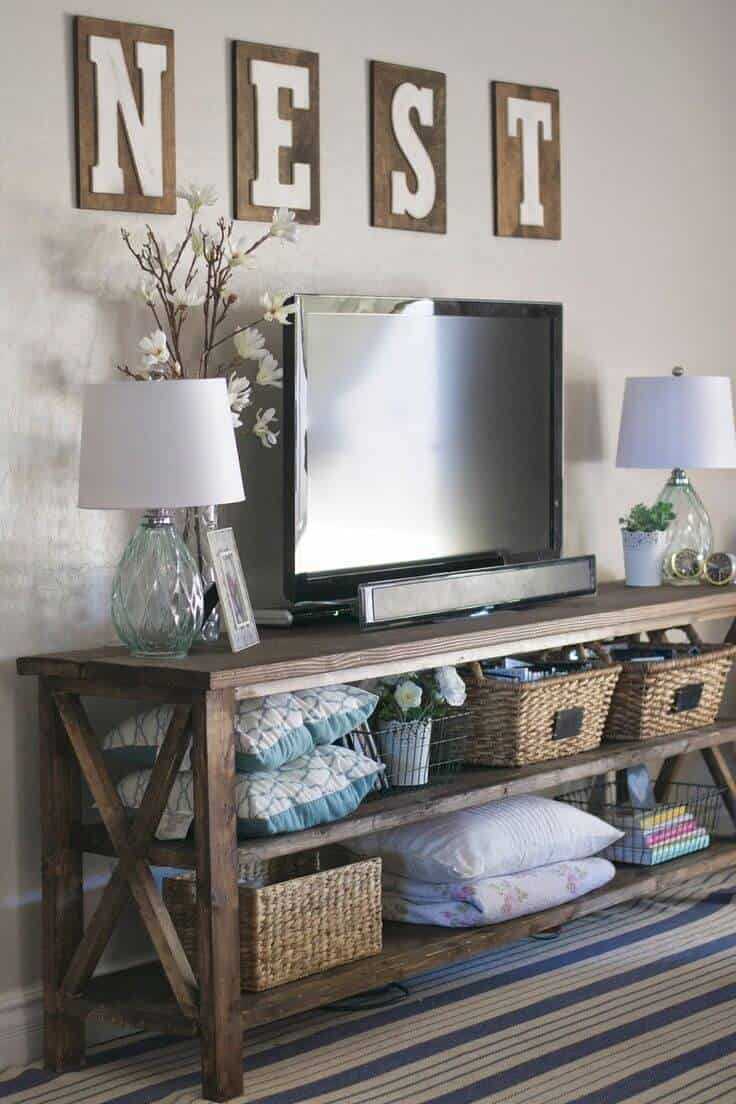 Nest Sign, Rattan Baskets, and TV Table