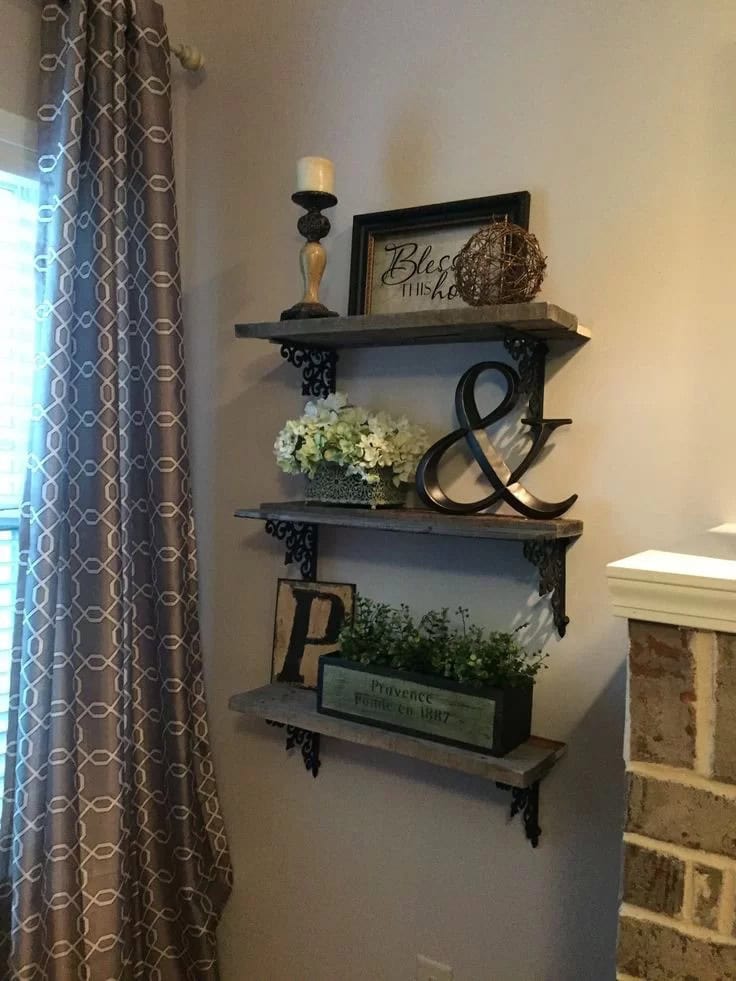 Rustic Triple Shelf Display with Wrought Iron Brackets