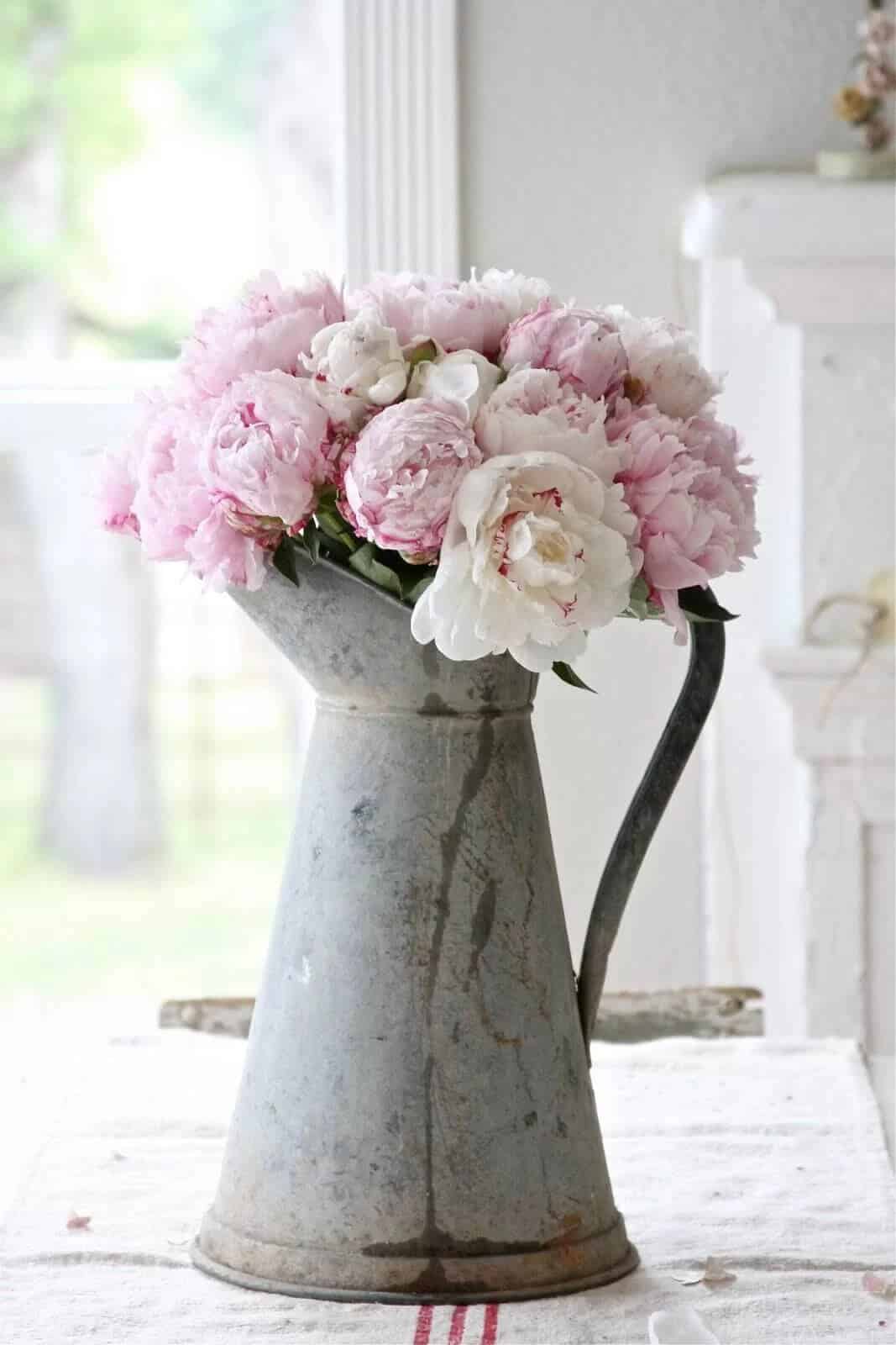 Galvanized Metal Pitcher Vase With Blush Peonies