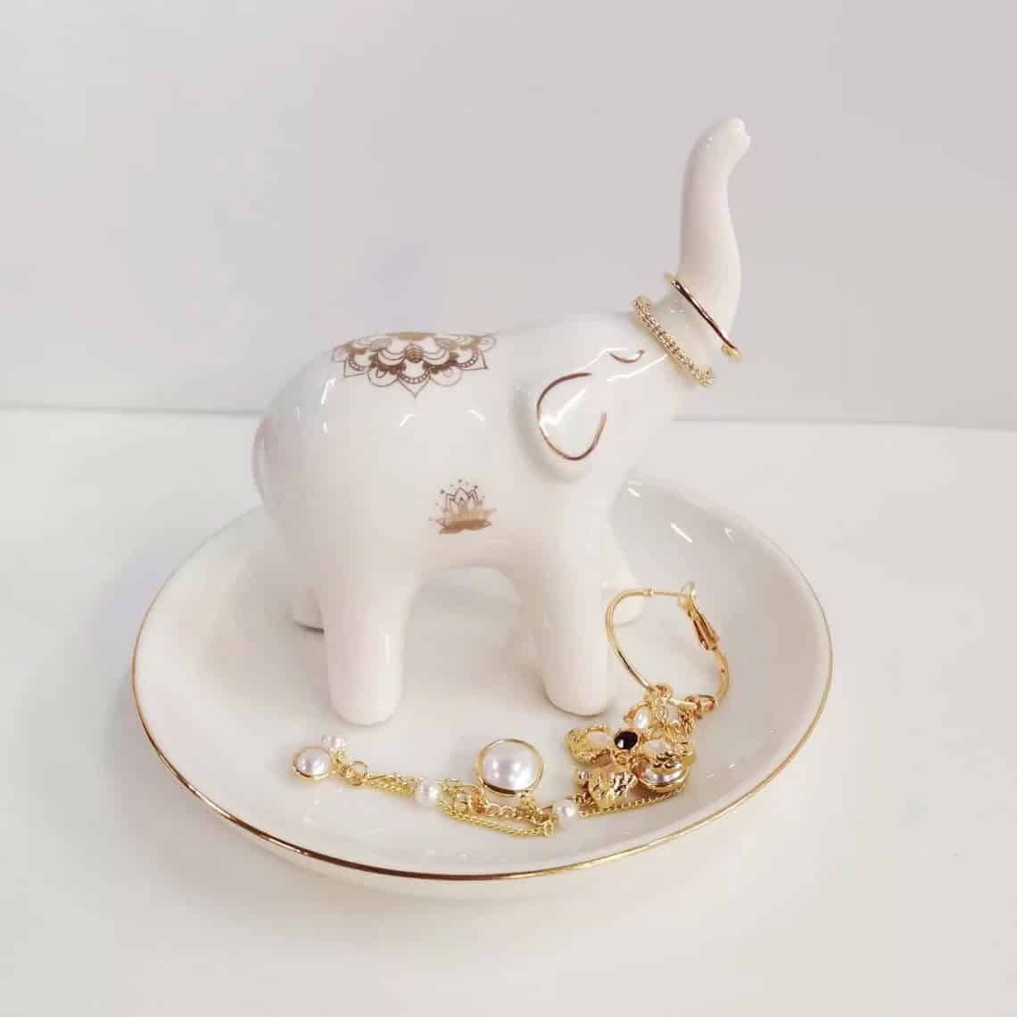 White Ceramic Elephant Ring Holder Dish