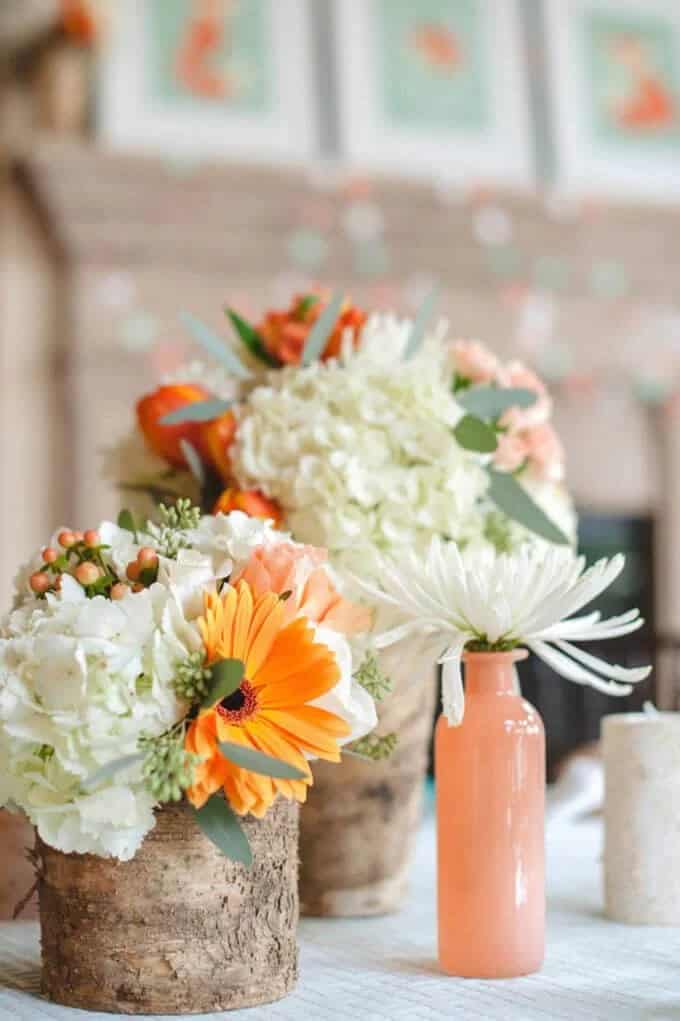 Birch Bark Vases with Peach Flowers