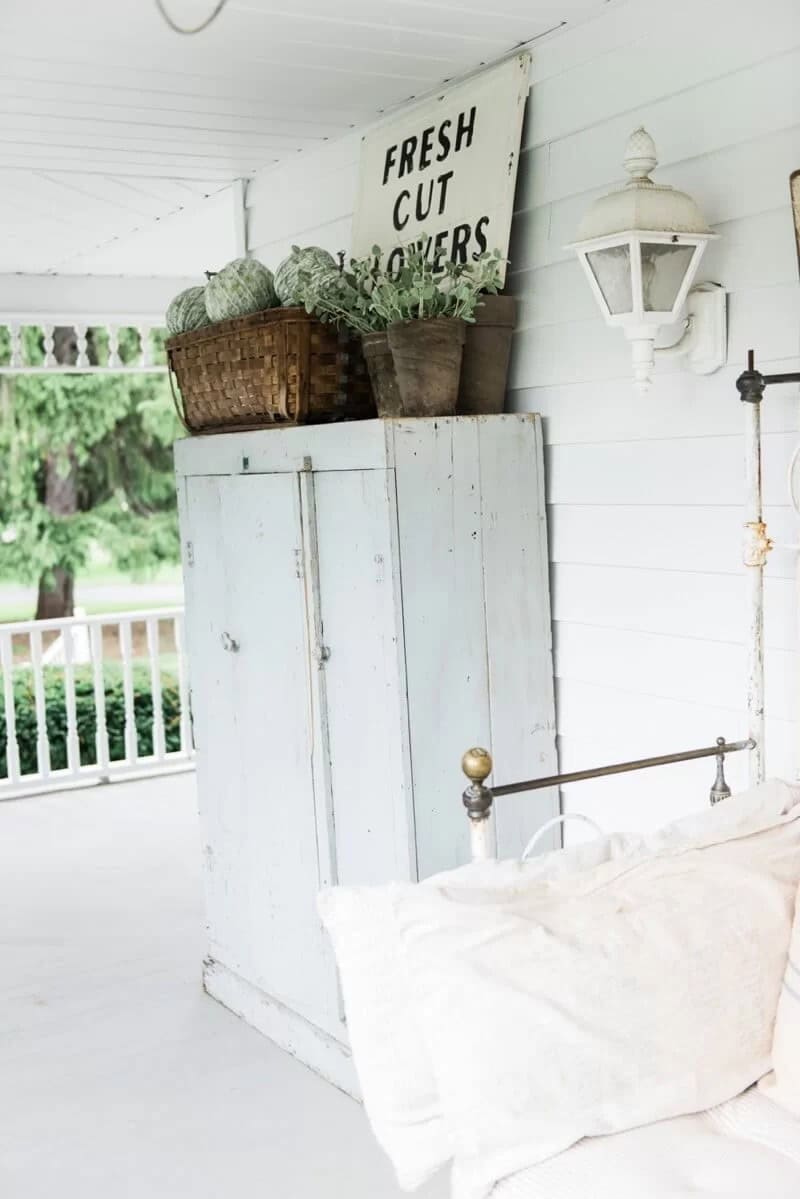 Whitewashed Wooden Porch Cabinet & Sign