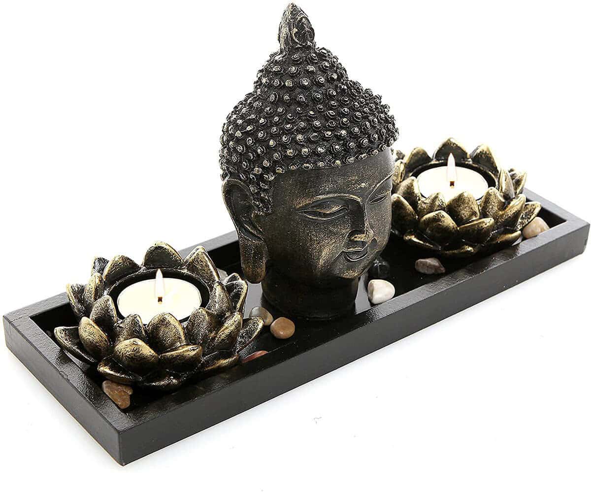 Iron-Toned Buddhist Tray with Lotus Candle Holders