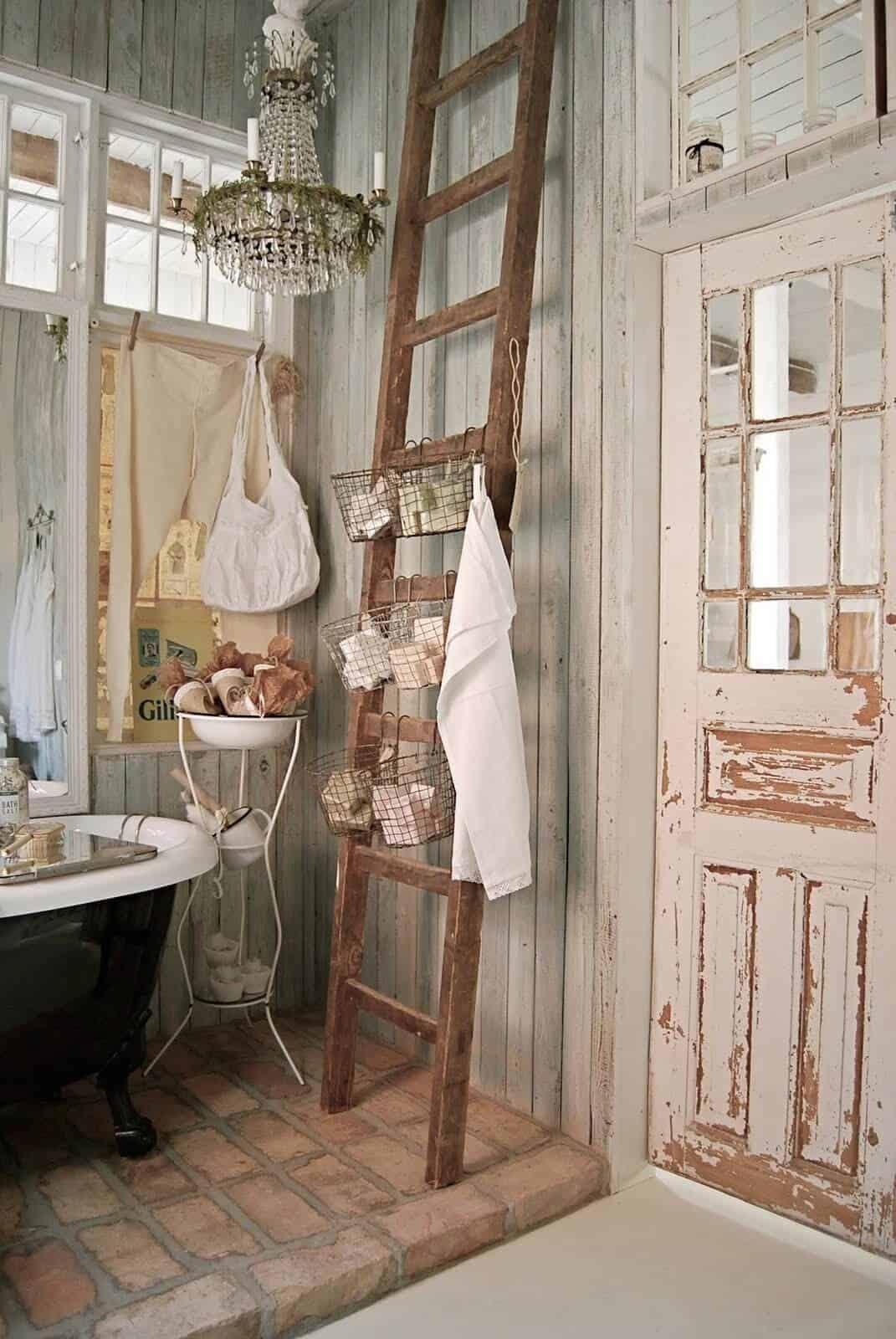 Wood Ladder Basket Bathroom Storage