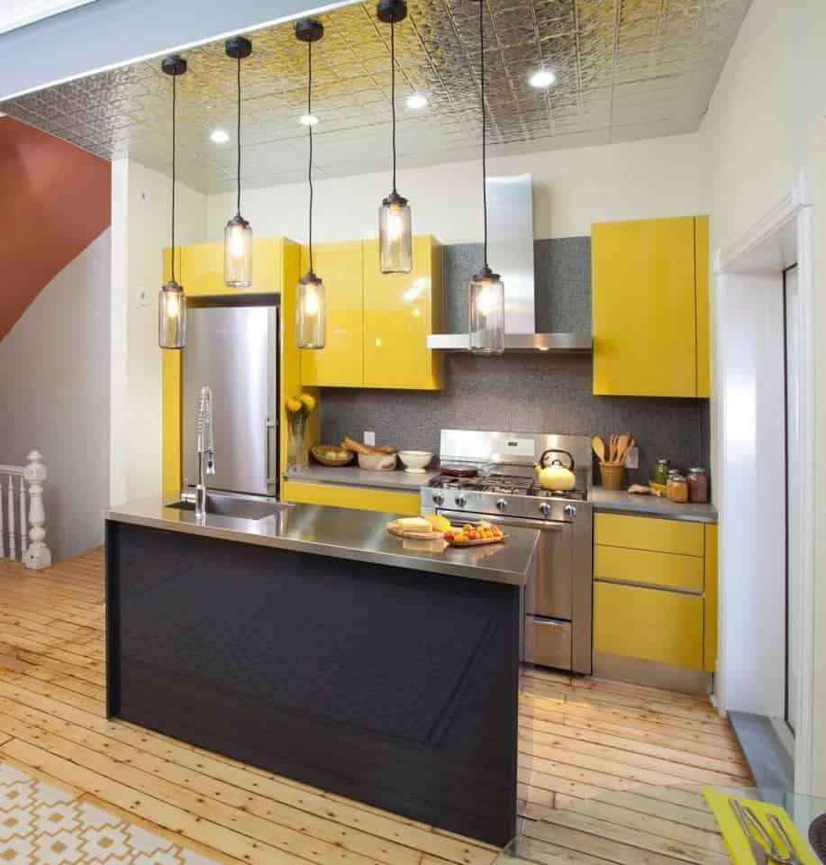 Bright Yellows and Metallic Surfaces with a Kitchen Island