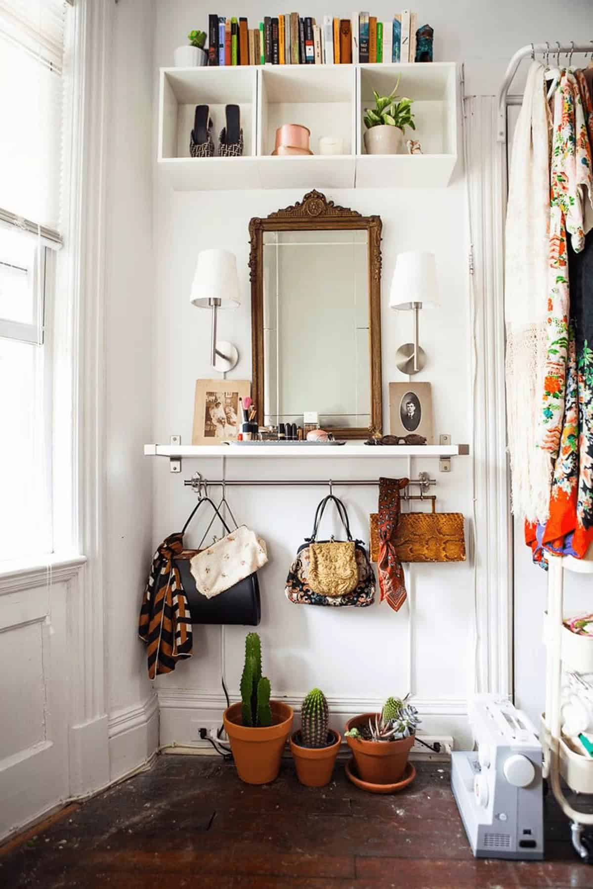 Antique Mirror Hangs Above Suspended Vanity Table