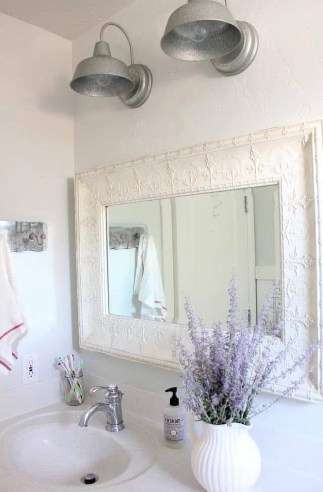 Wide Framed White Mirror with Lavender Flowers