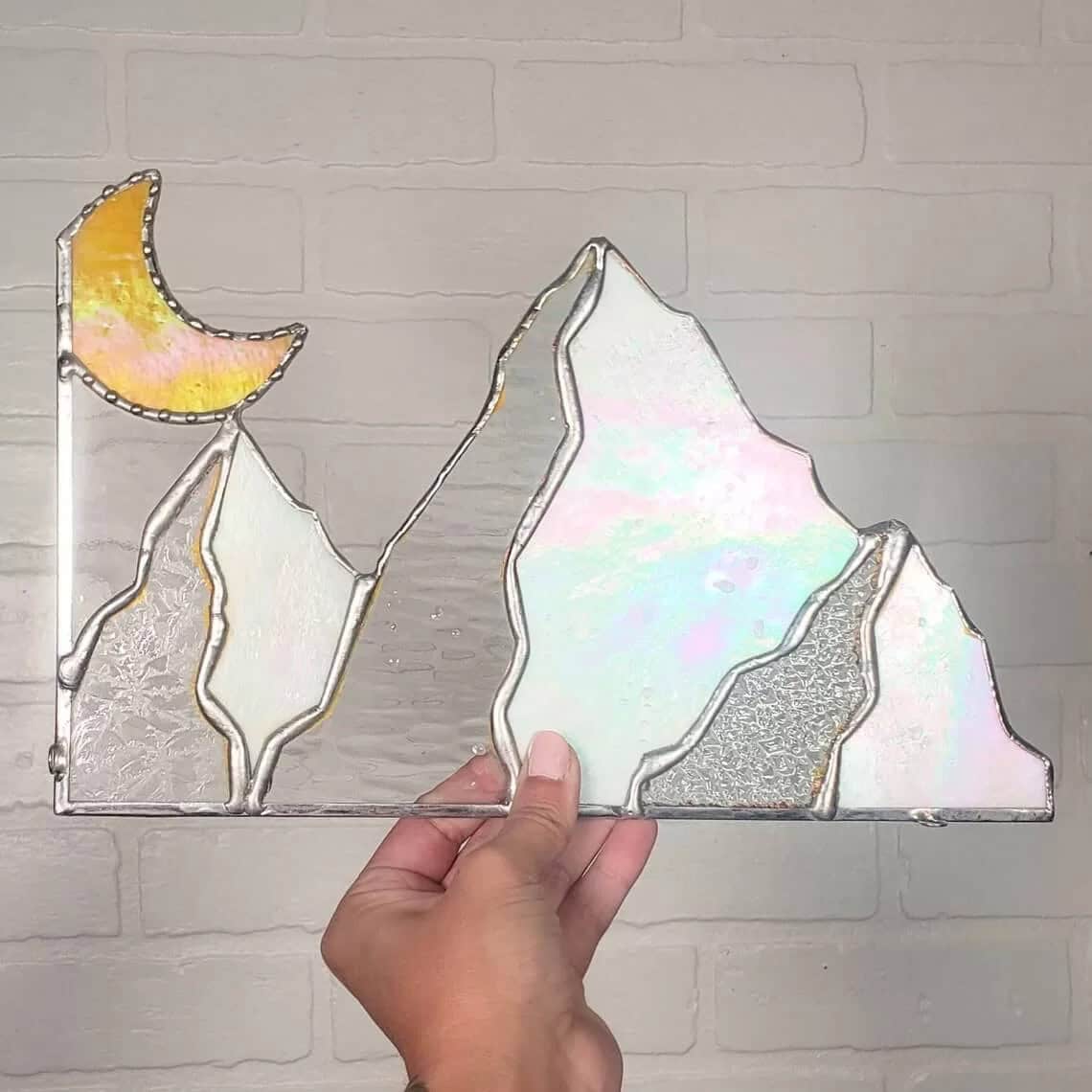 Frozen Moon and Mountain Stained Glass Art