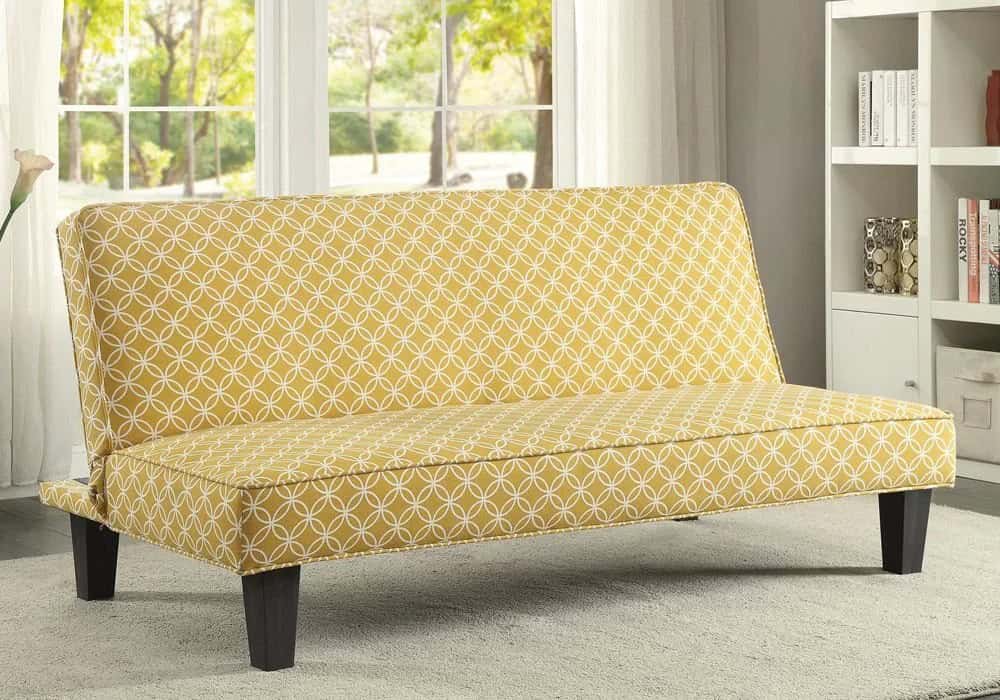 PerfectChoice Living Room Simple Adjustable Futon Sleeper Sofa Bed Trellis Pattern Fabric Color Mustard