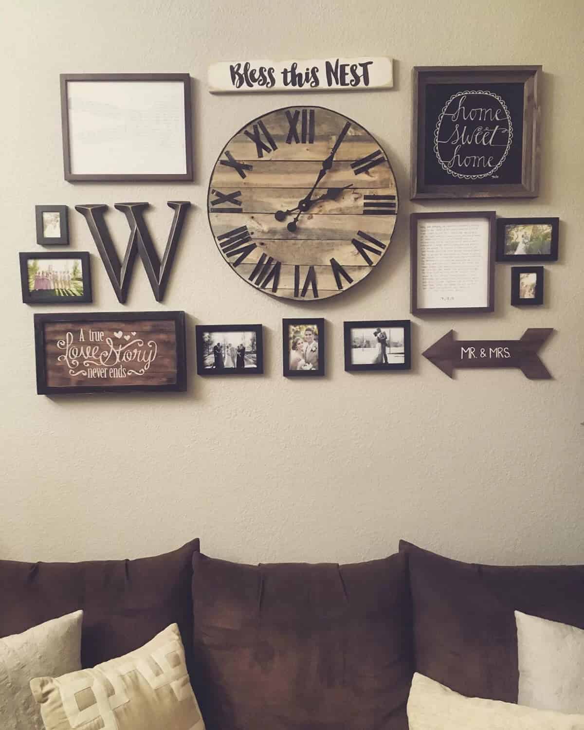 Wood Toned Clock, Frames, and Text Signs