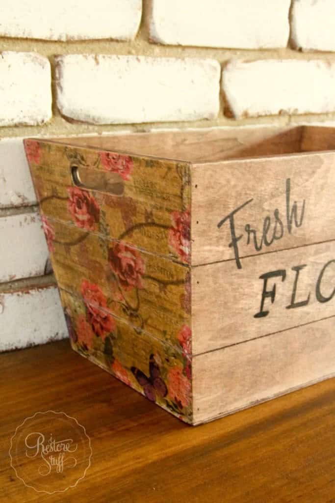 Decoupaged Fresh Flowers Wood Bin