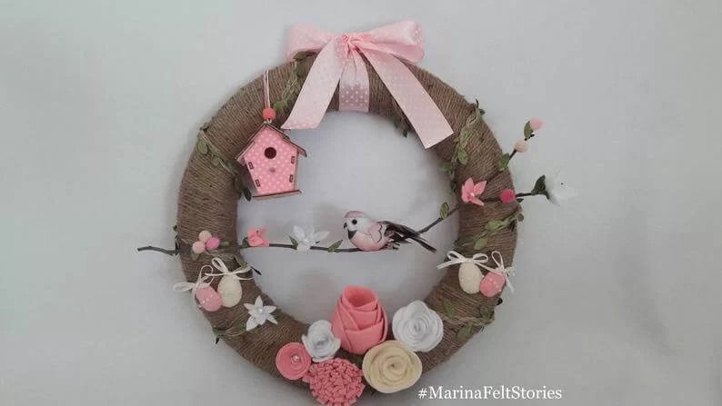 Felt Flowers and Pink Polka Dot Spring Twine Wreath