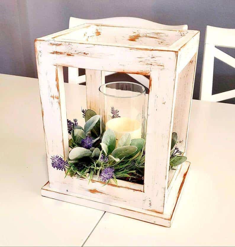 Distressed White Wooden Lantern Centerpiece