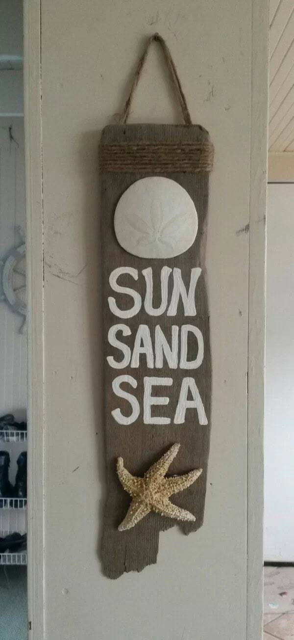 Driftwood Sign with Sand Dollar and Starfish