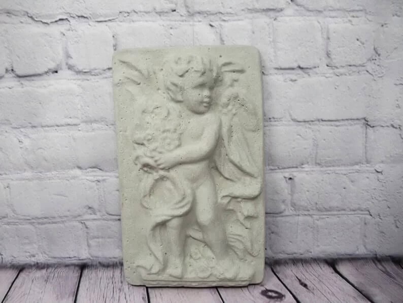 Concrete Angel with Bouquet Wall Hanging