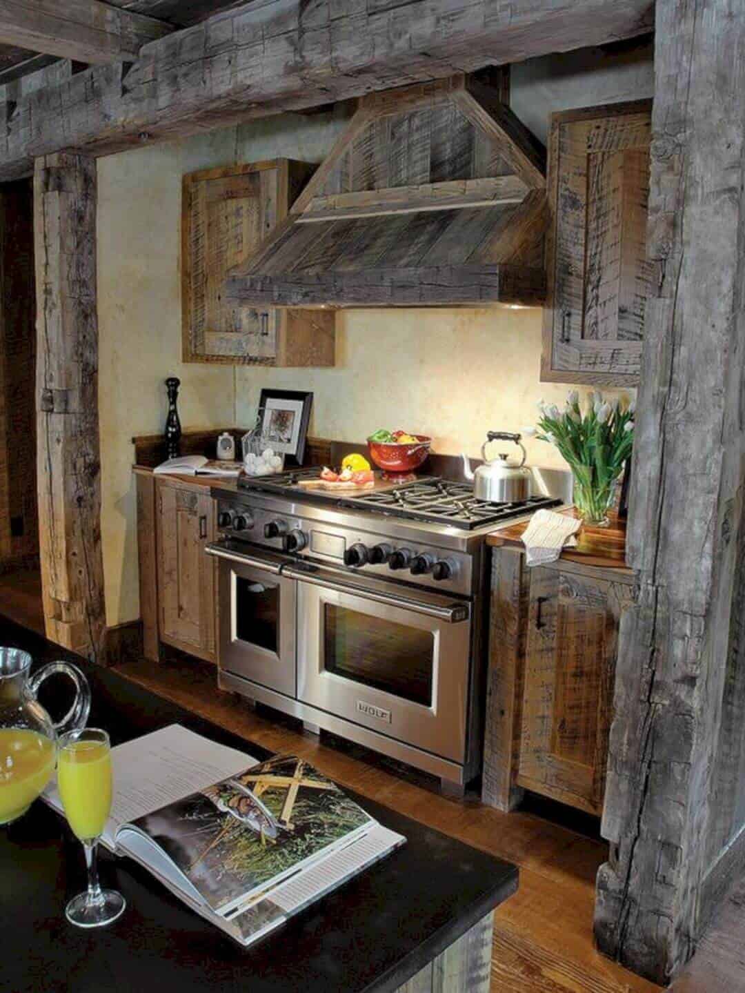 Natural Wood Beam Frames Stove Wall