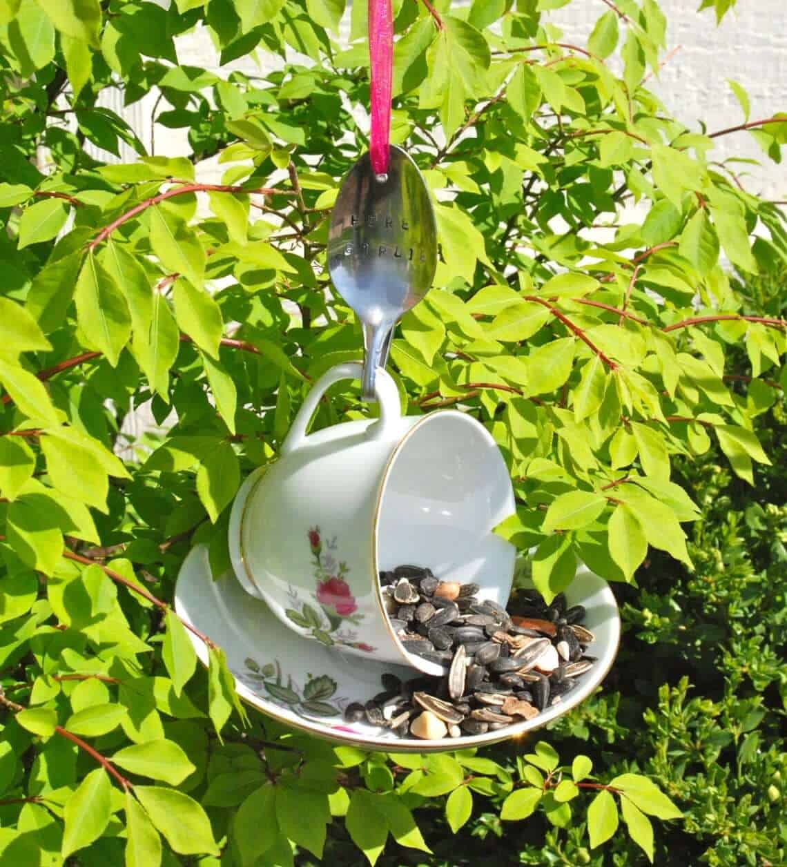 Teacup, Saucer, and Bent Spoon Bird Feeder