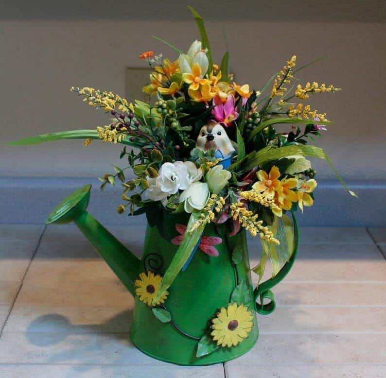 Watering Can with Sunflowers Bird and Spring Bouquet