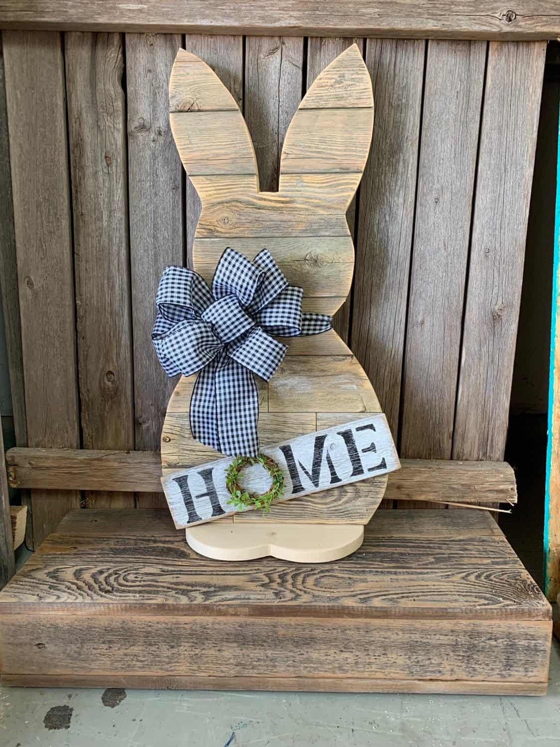 Reclaimed Wood Look Bunny with Buffalo Check