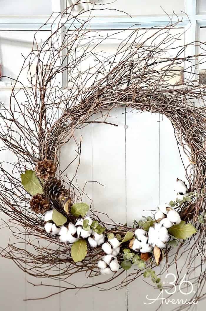 Tangled Branch Wreath with Cotton and Pinecones