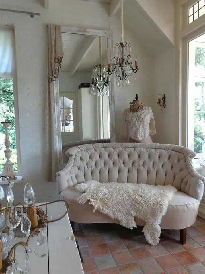 Dress Form and Tufted Sofa with Sheepskin