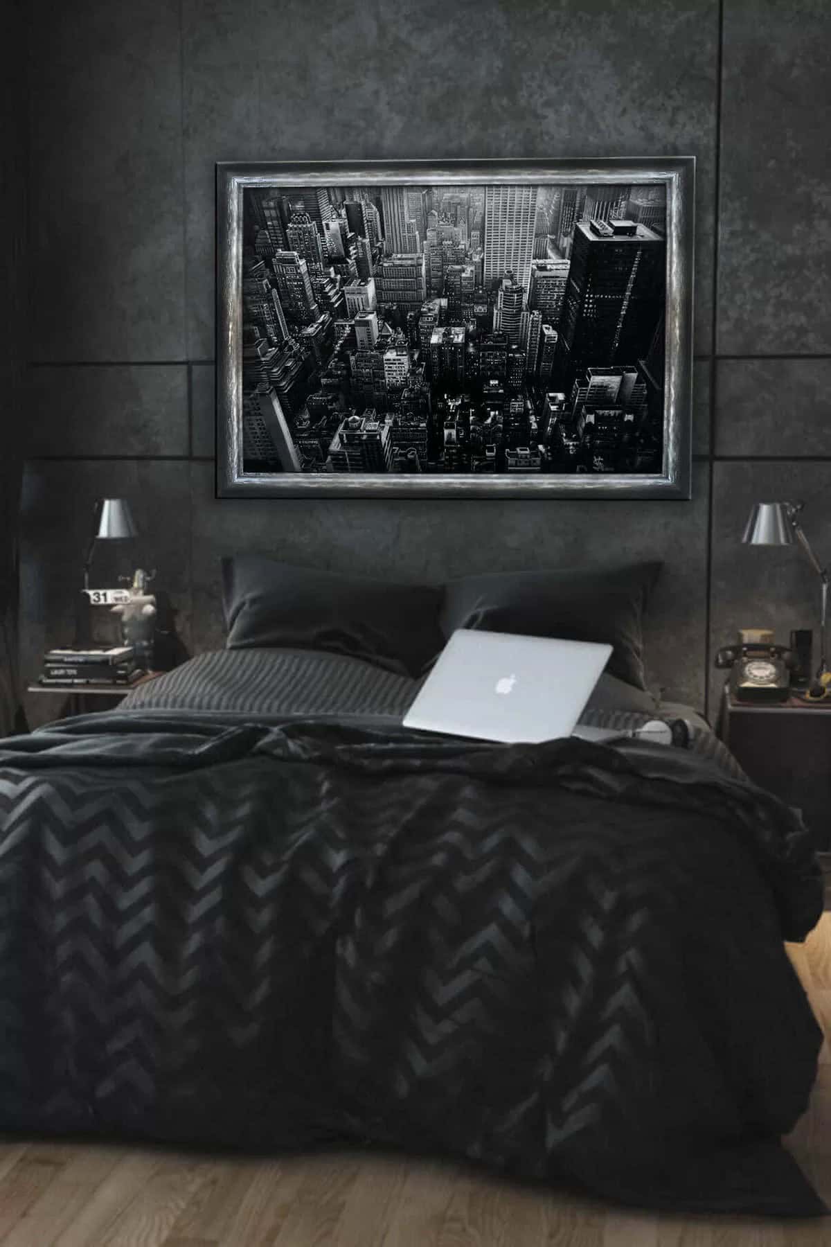 Night In The City Black Bedroom Design Idea