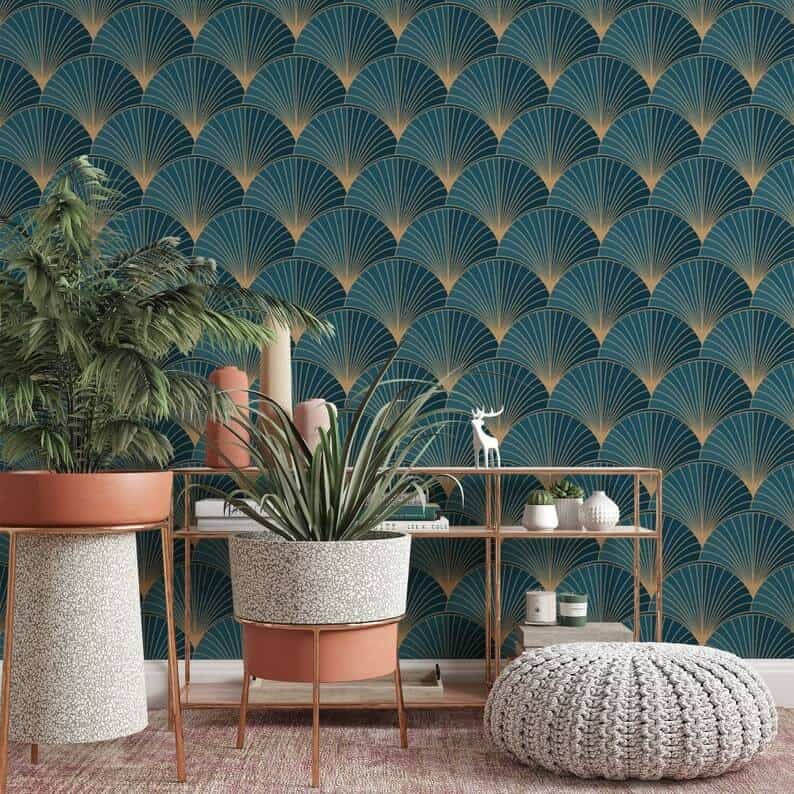 Teal and Gold Fan Peacock Pattern Wallpaper